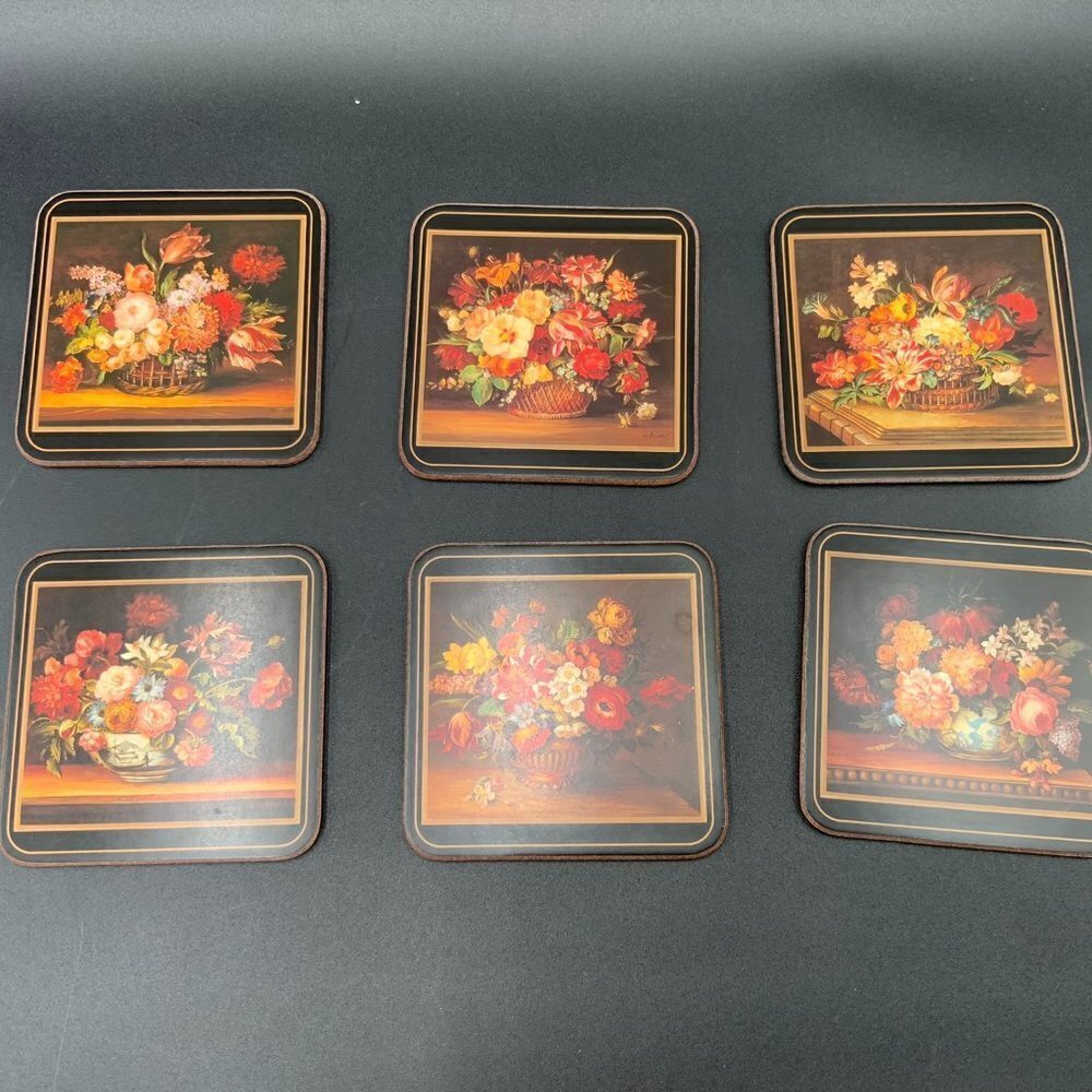 Set of 6 Pimpernel Coasters Made in England Flemish Flowers Cork Backed Org Box